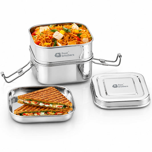 Square Lunch Box – Double Decker (100% Stainless Steel)