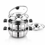 Trio stainless steel steamer with multiple tiers for steaming idlis, vegetables, momos, and other foods.