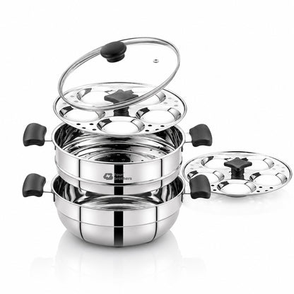 Trio Multi Kadai, Idly Pot and Steamer 3 in 1 - Stainless Steel with Glass Lid
