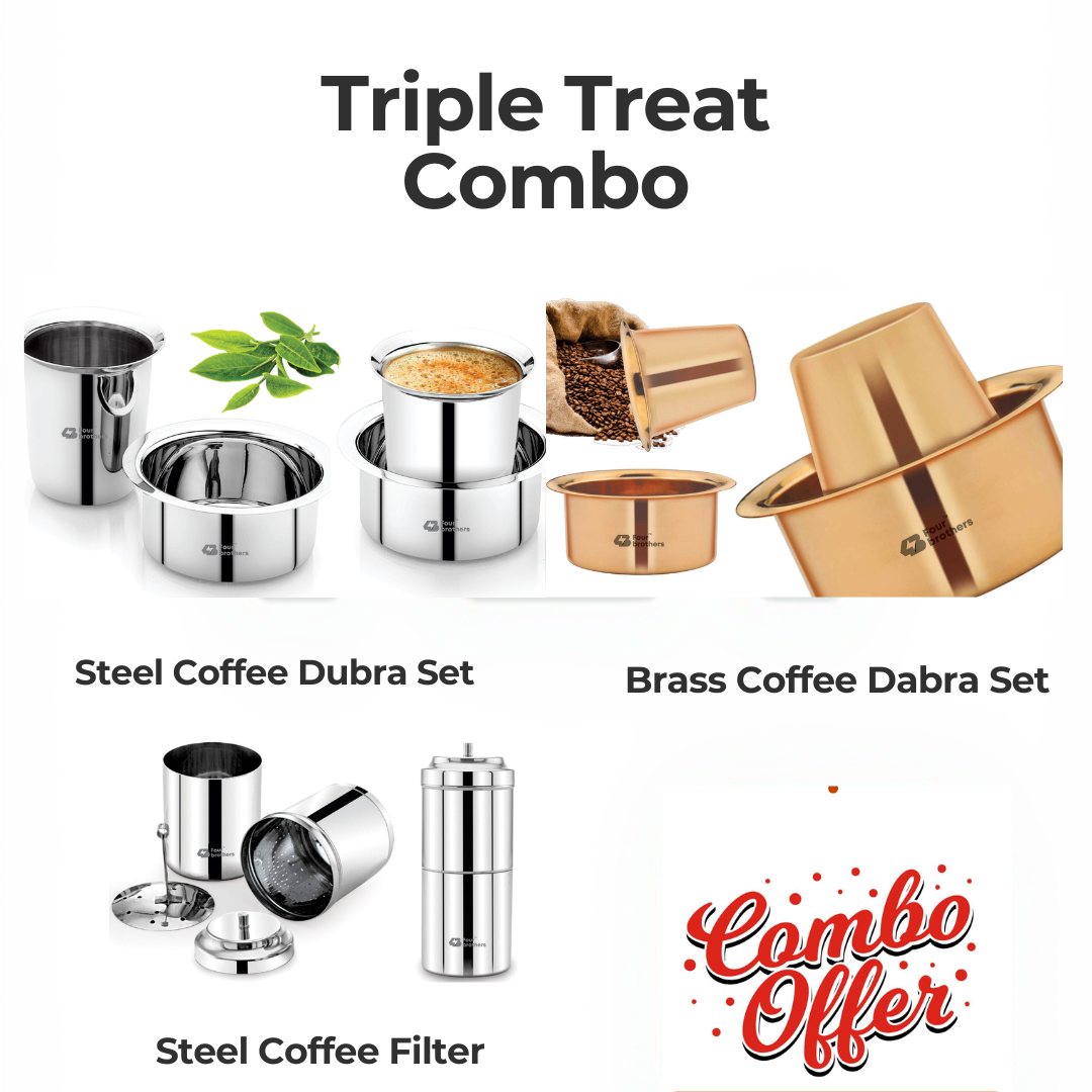 Stainless Steel and Brass Coffee Dabra Set with Coffee Filterr - Combo Offer