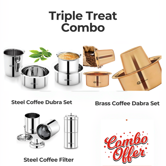 Stainless Steel and Brass Coffee Dabra Set with Coffee Filterr - Combo Offer