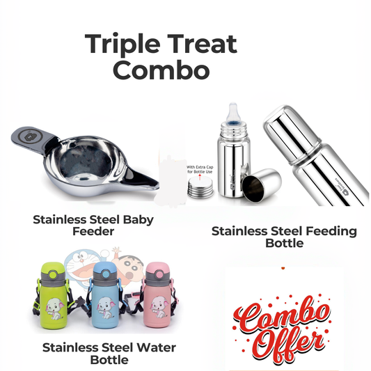 Baby Feeder, Feeding Bottle and Kids Stainless Steel Water Bottle 300ml - Combo Offer