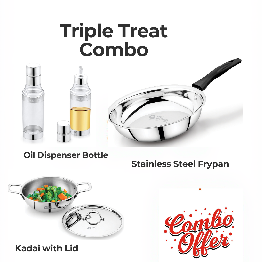 Kadai with Lid 22cm, Oil Dispenser Bottle 1L and Frypan Combo Offer