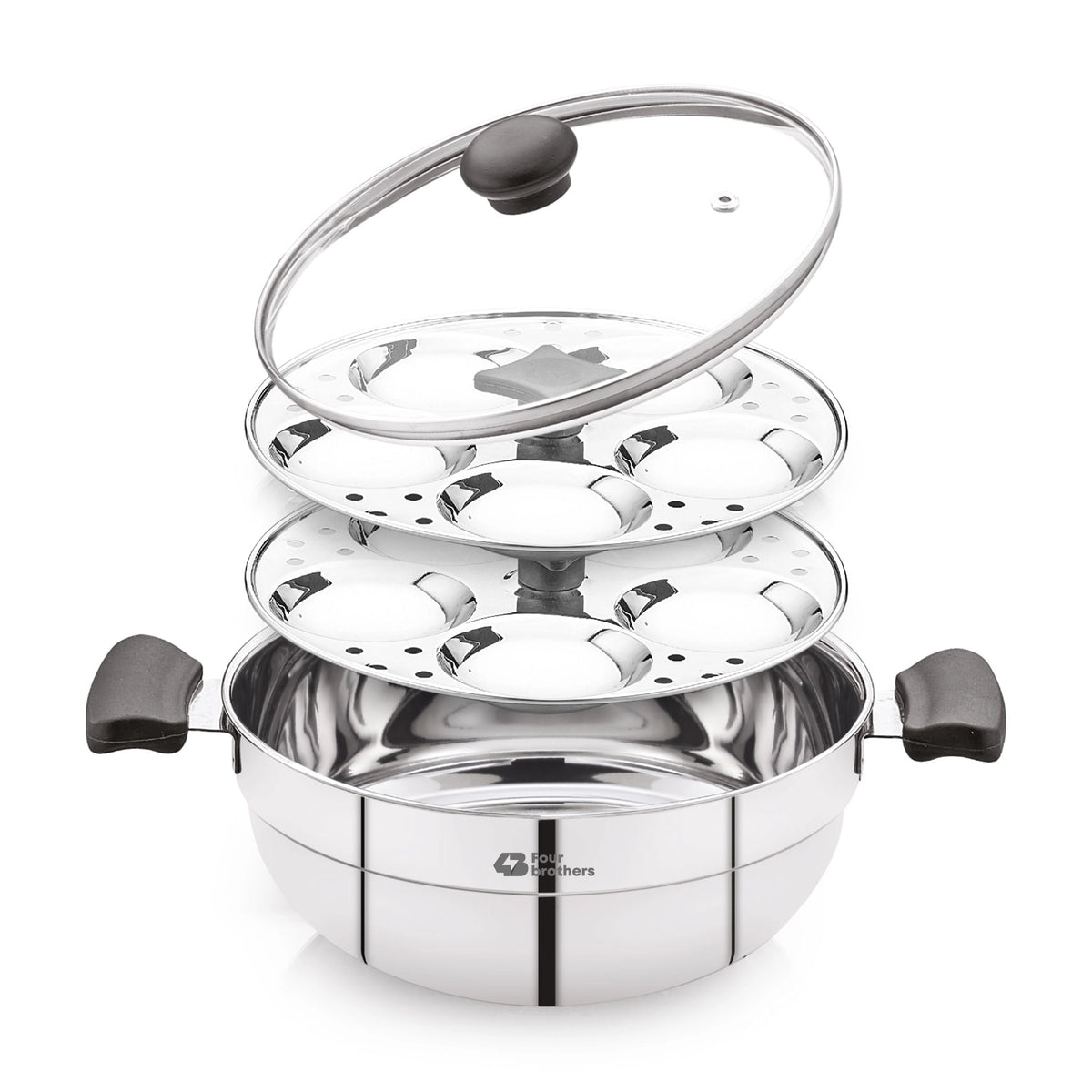 Smart Multi Kadai and Idly Pot with Glass Lid, Stainless Steel | Four Brothers