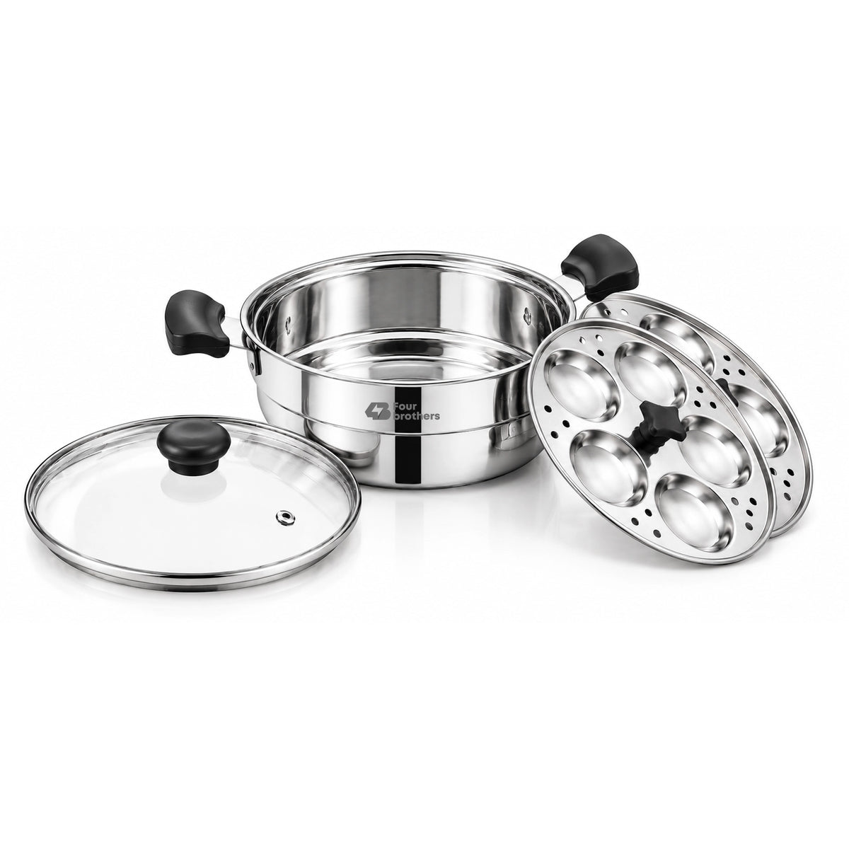 Smart Multi Kadai and Idly Pot with Glass Lid, Stainless Steel | Four Brothers