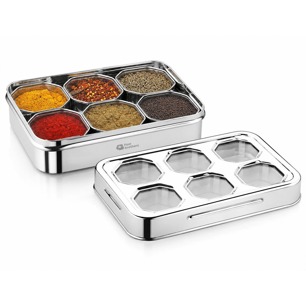 Prism Stainless Steel Spice & Dry Fruit Box, 6 in 1 | Four Brothers