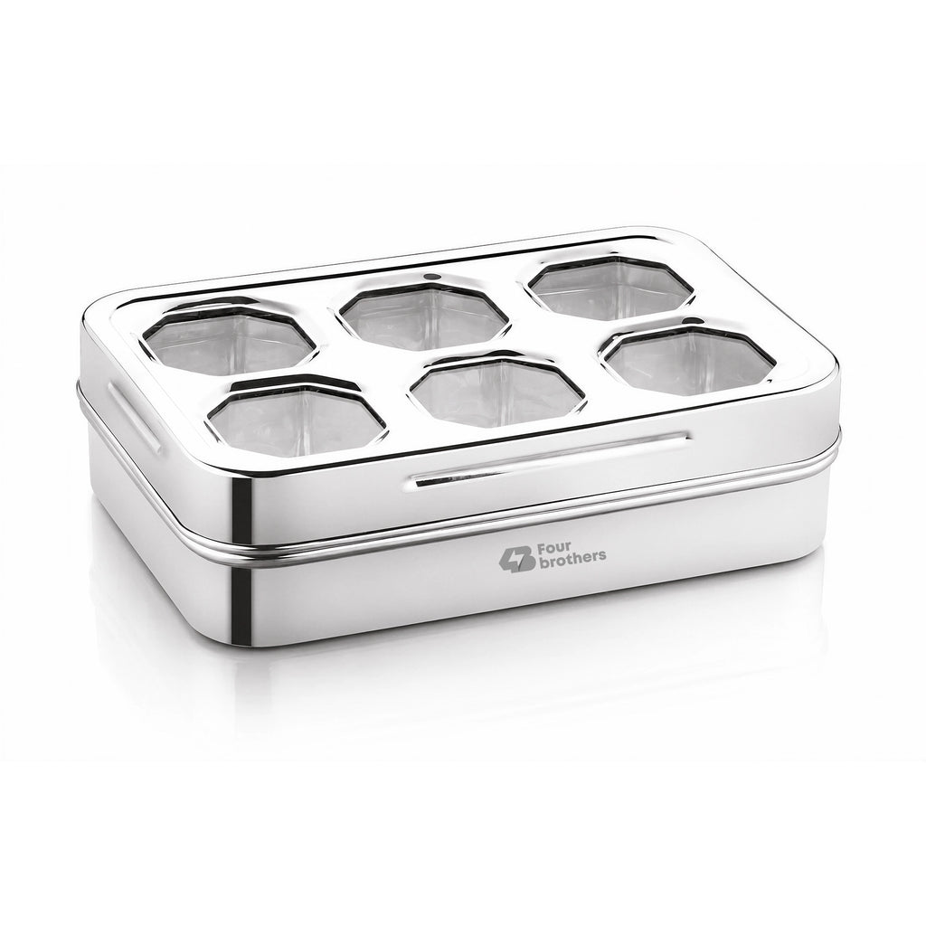 Prism Stainless Steel Spice & Dry Fruit Box, 6 in 1 | Four Brothers