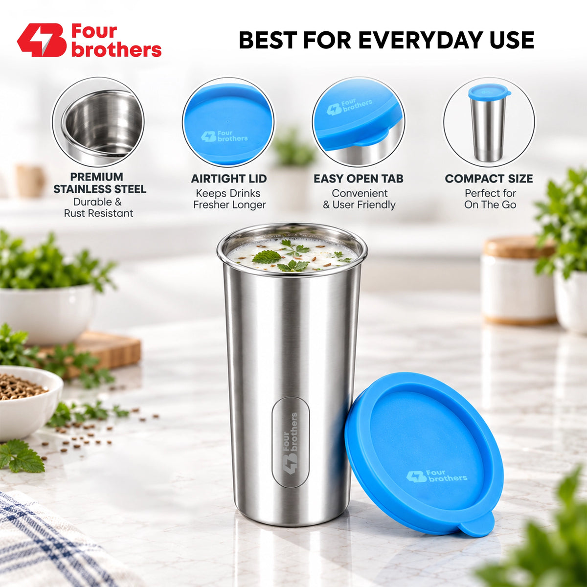 Stainless Steel Addon Tumbler with Airtight Leak Proof Lid Four Brothers | Four Brothers