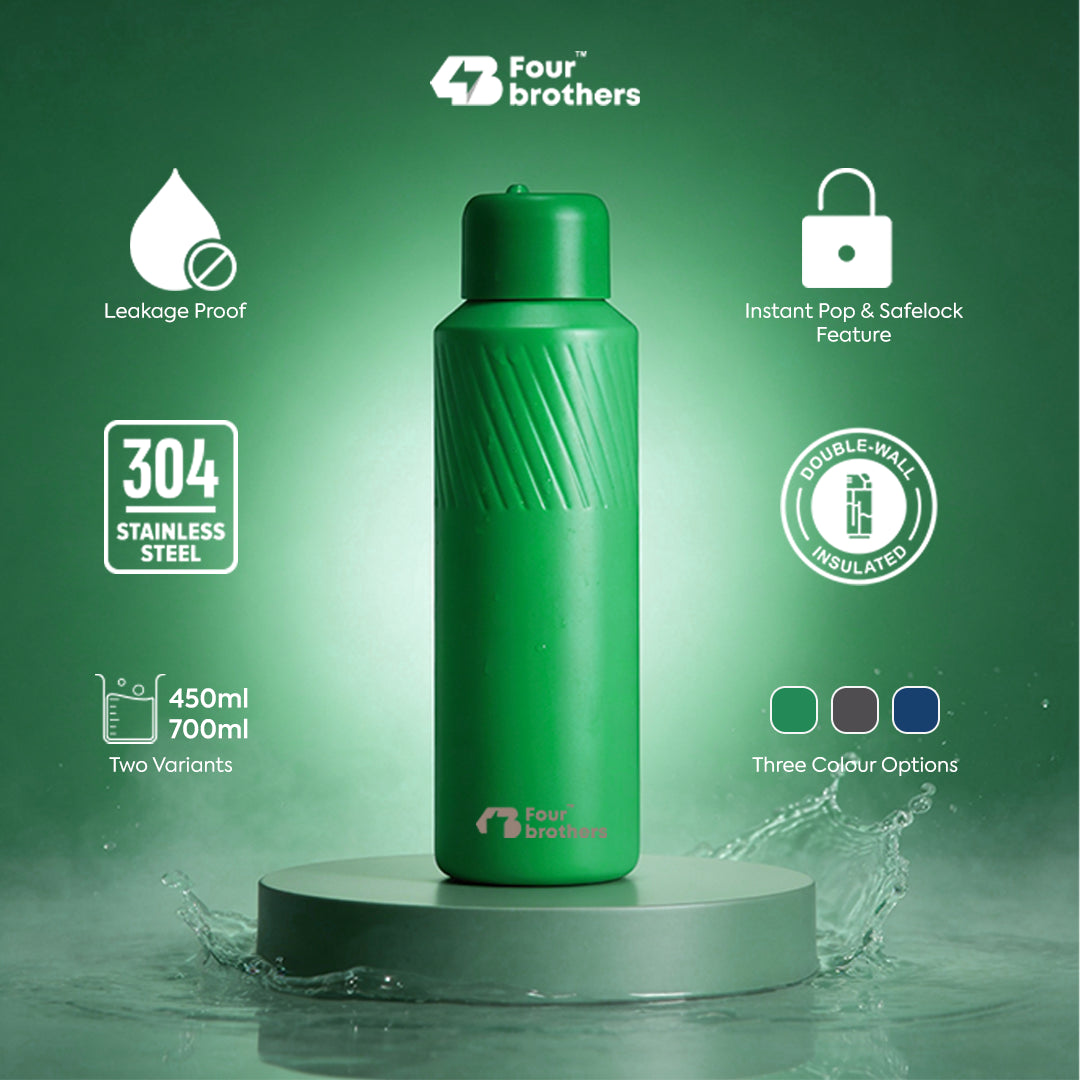Four Brothers Insulated Water Bottle ( Aqua ) – 18Hr Hot & 24Hr Cold Stainless Steel Flask (Leakproof)