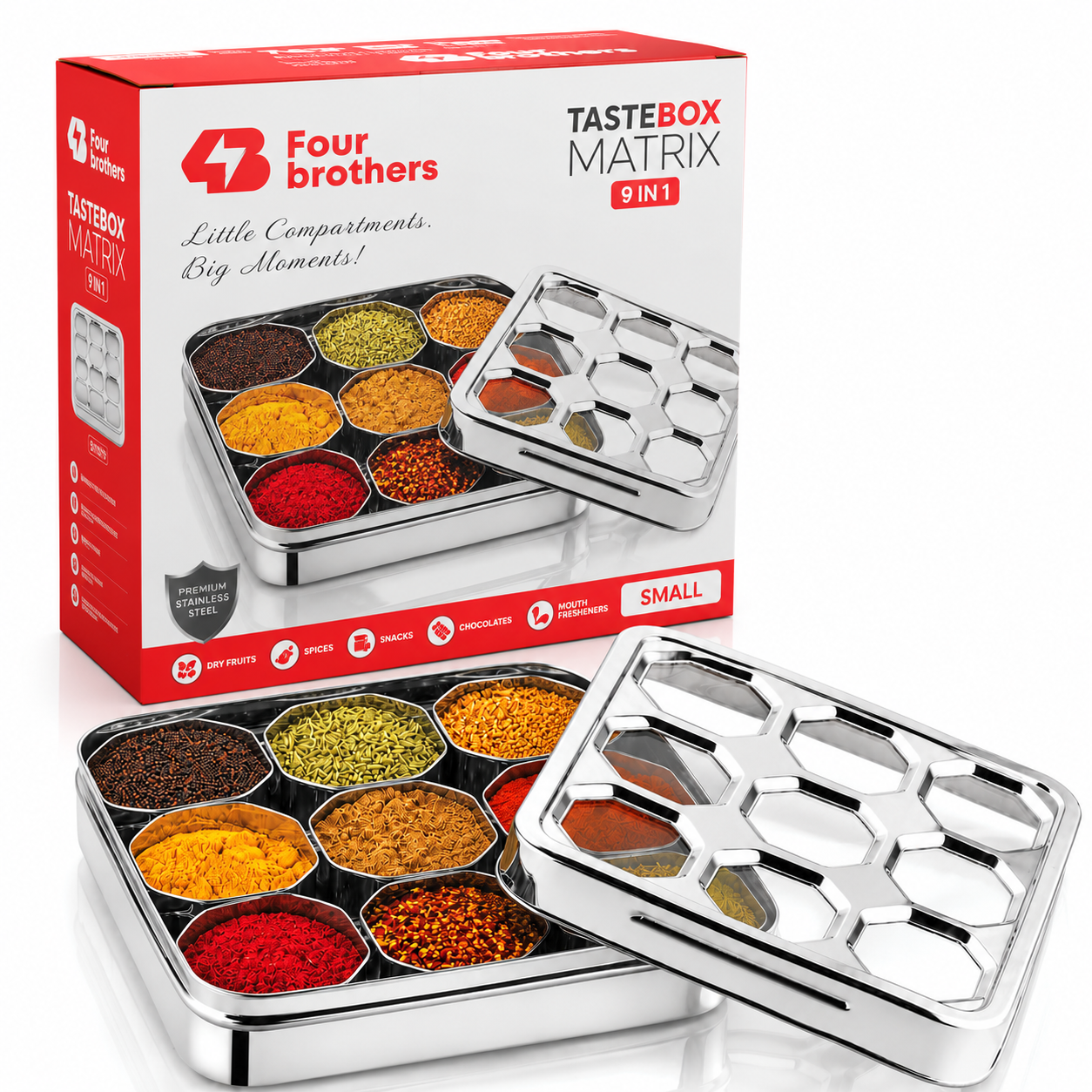 Matrix Stainless Steel Spice & Dry Fruit Box, 9 in 1 | Four Brothers