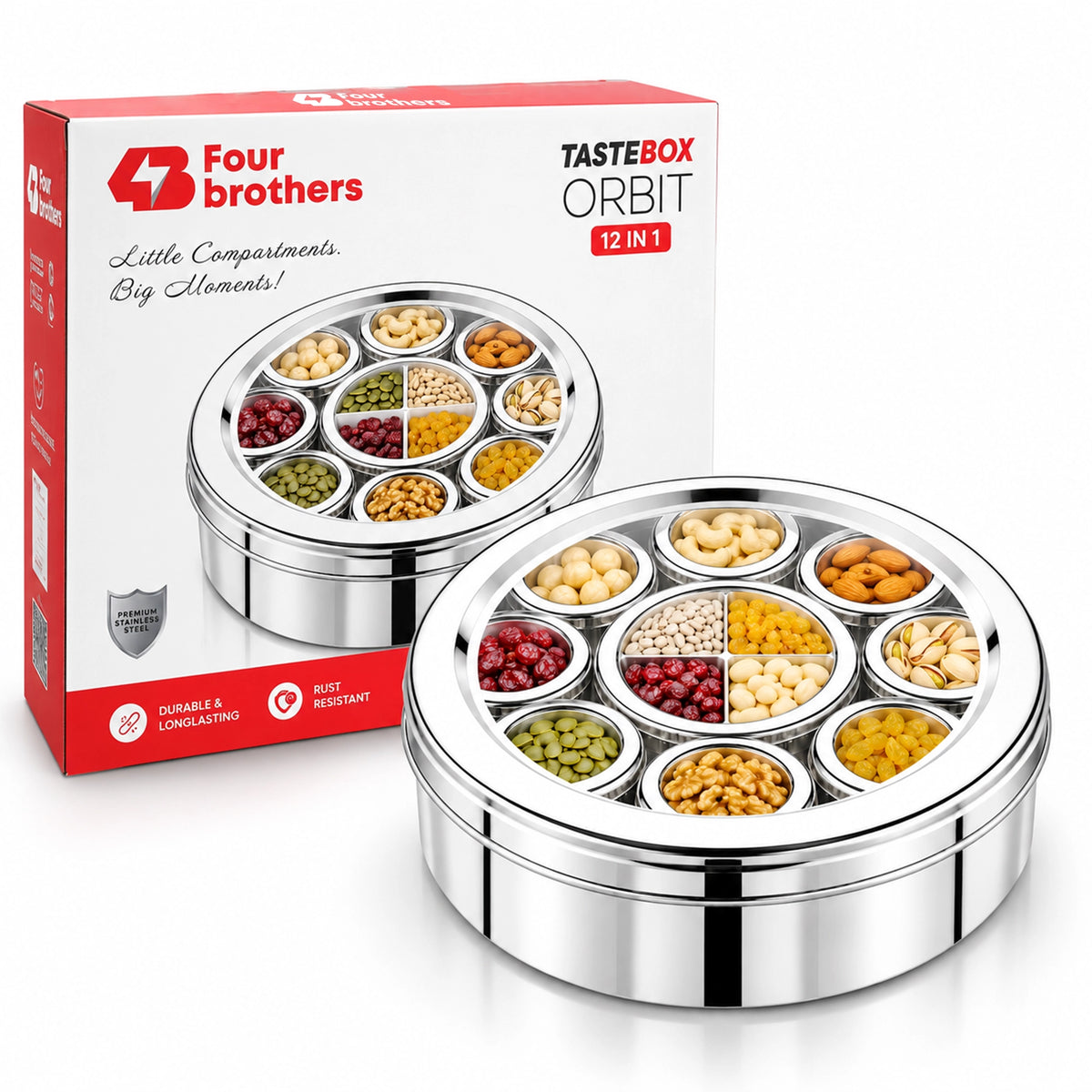 Orbit Stainless Steel Spice & Dry Fruit Box, 12 in 1 | Four Brothers