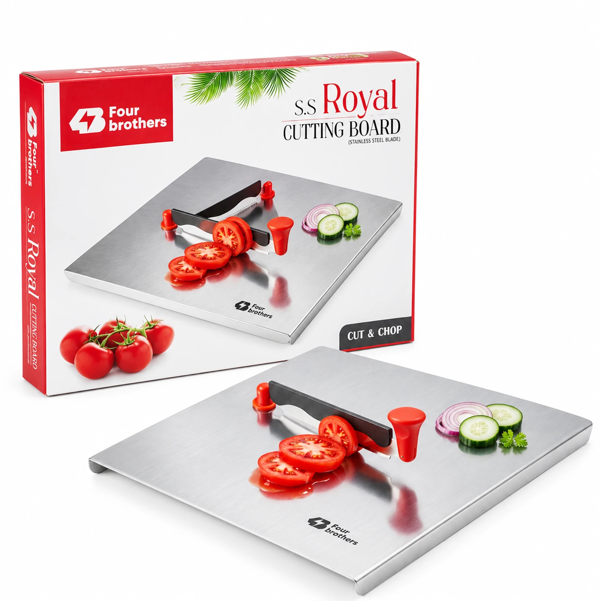Royal Stainless Steel Cutting Board with Reversible Built-In Cutter | Four Brothers