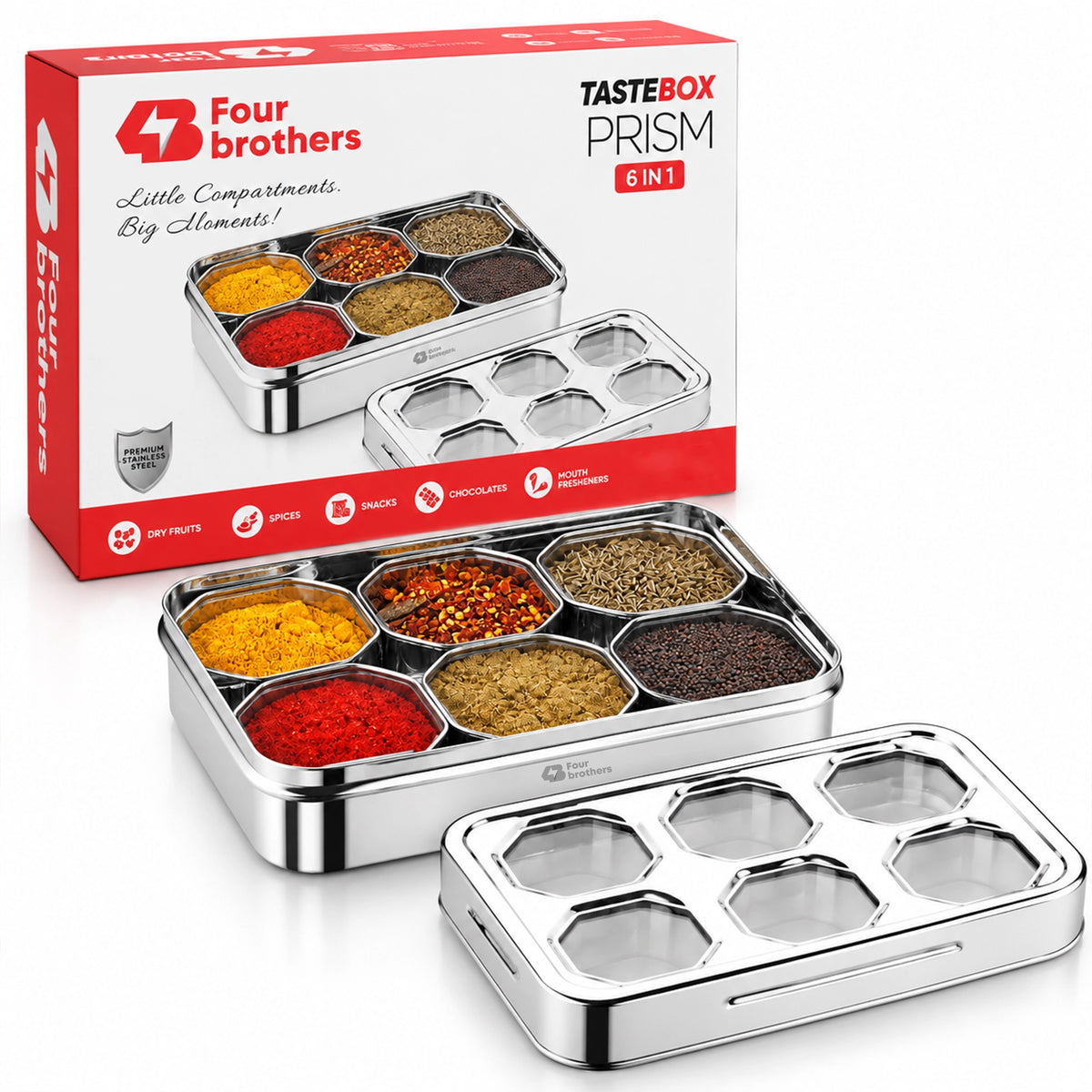 Stainless Steel Prism Taste Box 6 Compartment Dry Fruit Box | Four Brothers