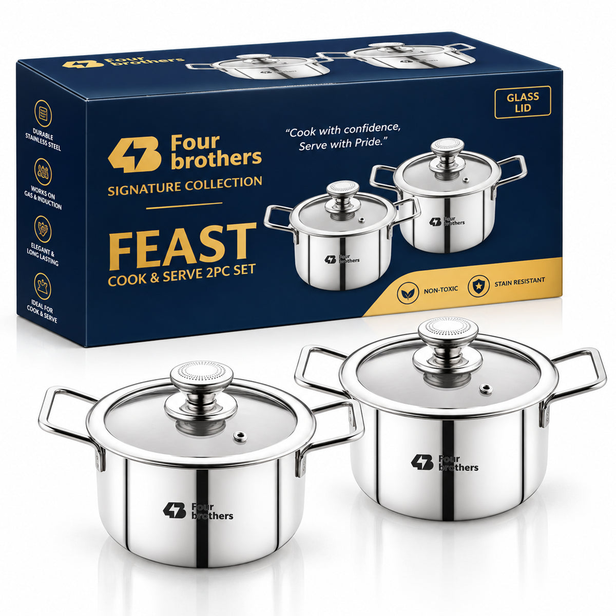 Stainless Steel Kadai with Glass Lid, 2 Pc Set (1.2Litres)