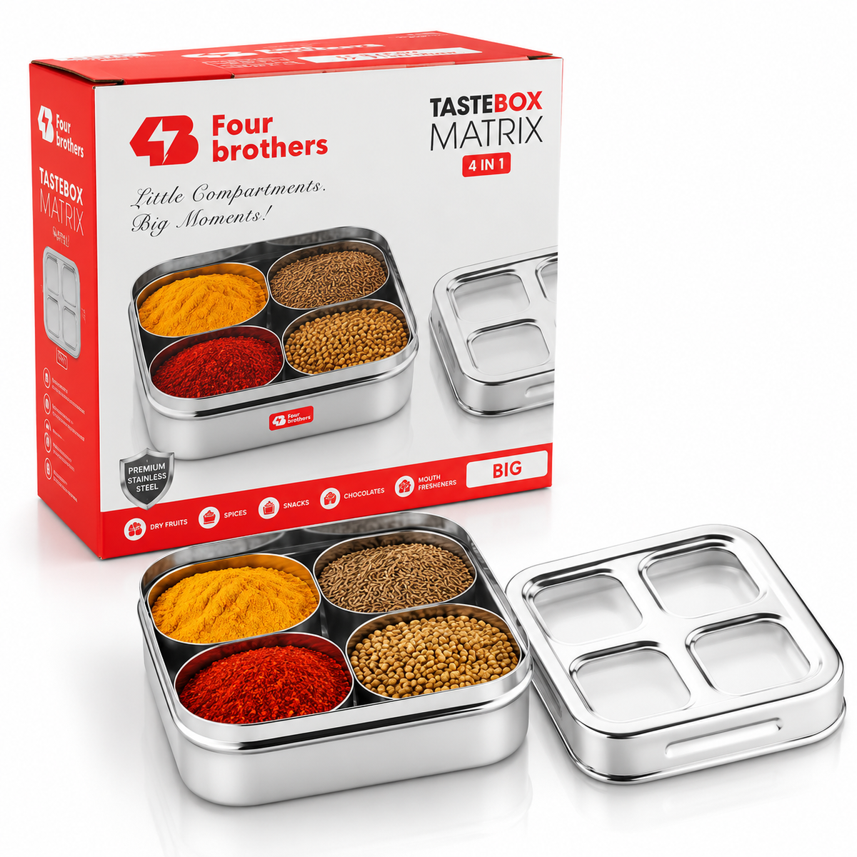 Matrix Stainless Steel Spice & Dry Fruit Box, 4 in 1 | Four Brothers