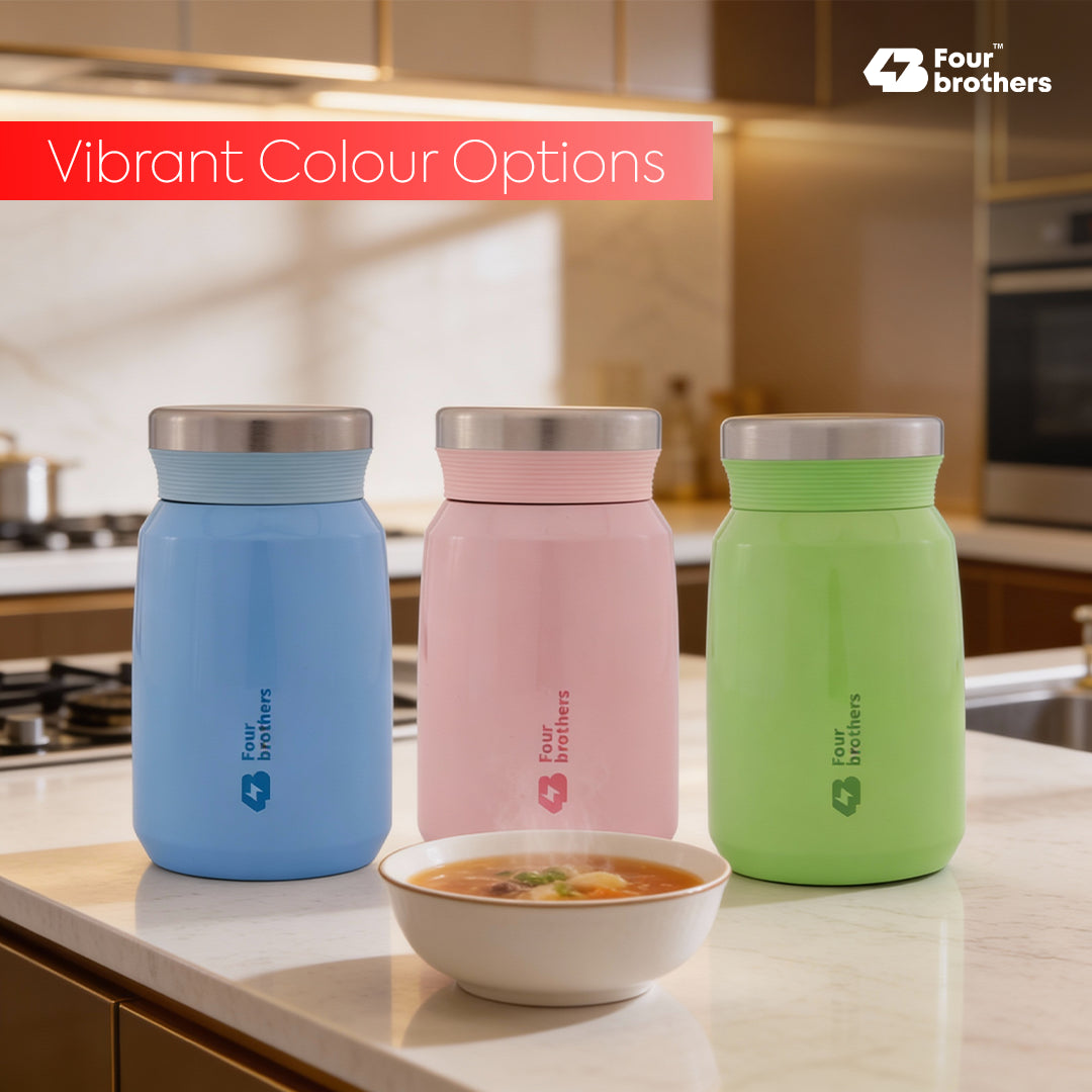 Four Brothers Insulated Food Jar – Hot & Cold Stainless Steel Container for Sambar, Rasam & Buttermilk (Leakproof, Travel-Friendly)