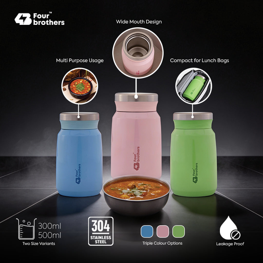 Four Brothers Insulated Food Jar – Hot & Cold Stainless Steel Container for Sambar, Rasam & Buttermilk (Leakproof, Travel-Friendly)