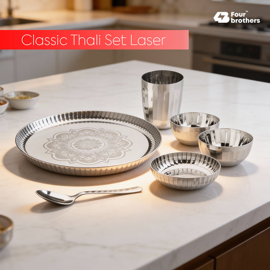 Classic Stainless Steel Thali Set – Laser Print Finish