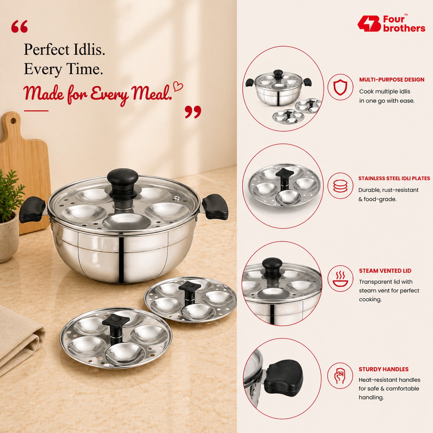 Smart Multi Kadai | Idly Pot with Glass Lid - Stainless Steel