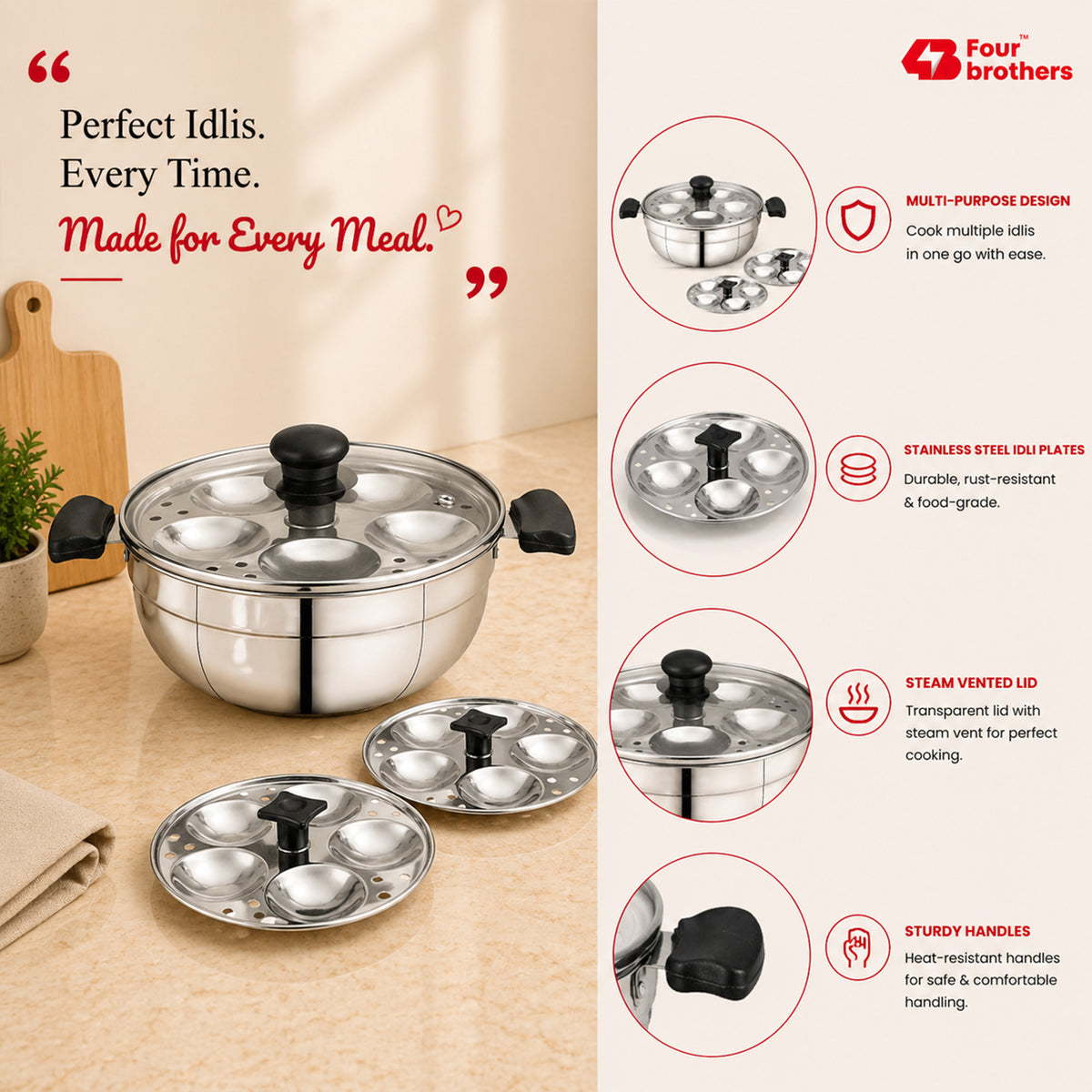 Smart Multi Kadai and Idly Pot with Glass Lid, Stainless Steel | Four Brothers