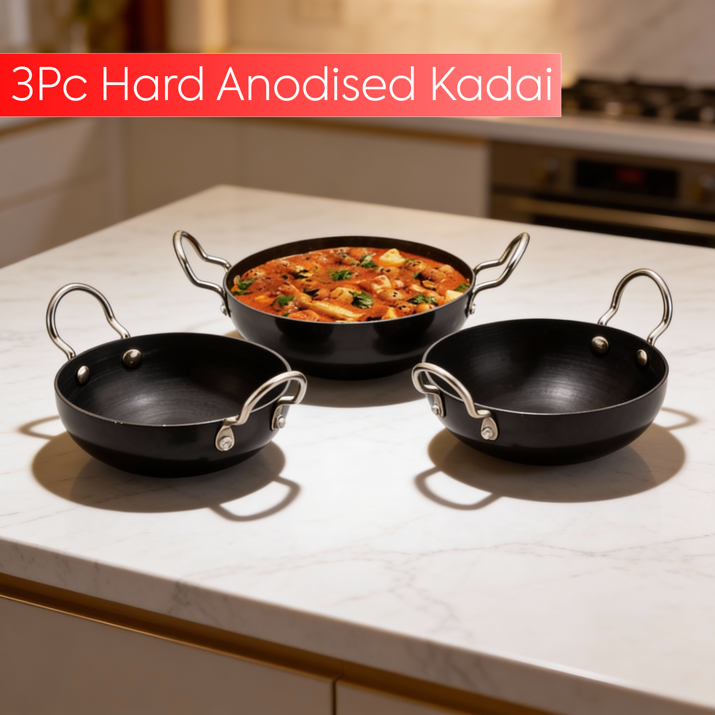 Hard Anodised Black Kadai 3Pcs Set