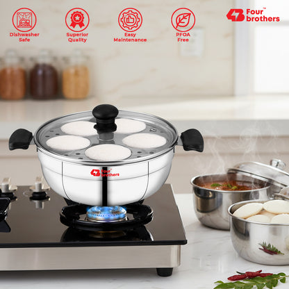 Smart Multi Kadai | Idly Pot with Glass Lid - Stainless Steel