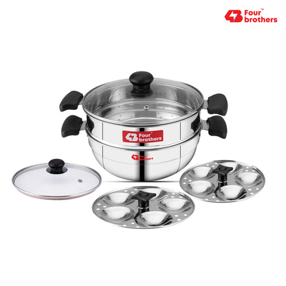 Trio Multi Kadai, Idly Pot and Steamer 3 in 1 - Stainless Steel with Glass Lid