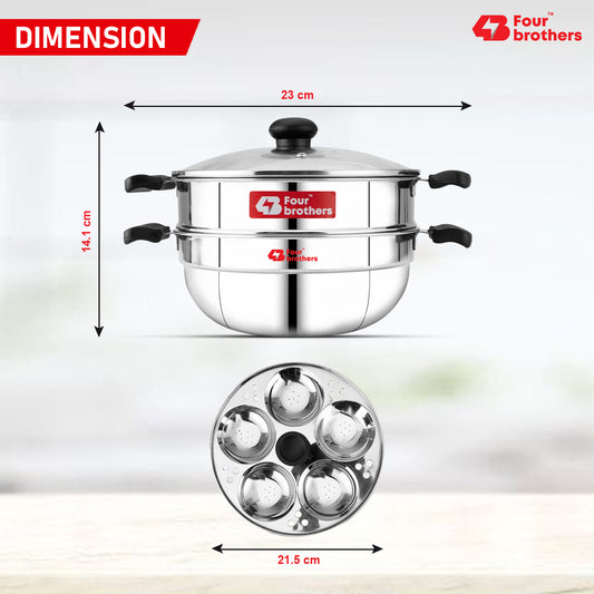 Trio Multi Kadai, Idly Pot and Steamer 3 in 1 - Stainless Steel with Glass Lid