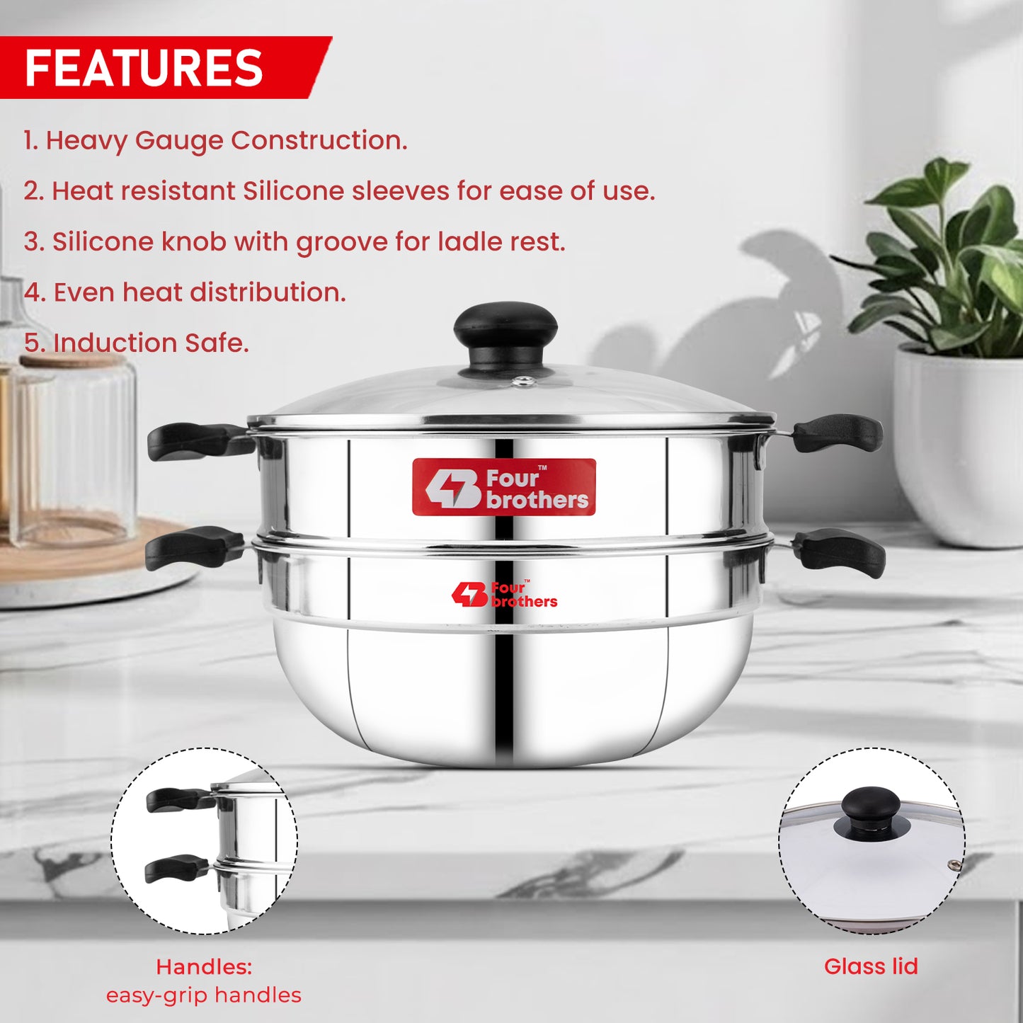 Trio Multi Kadai, Idly Pot and Steamer 3 in 1 - Stainless Steel with Glass Lid