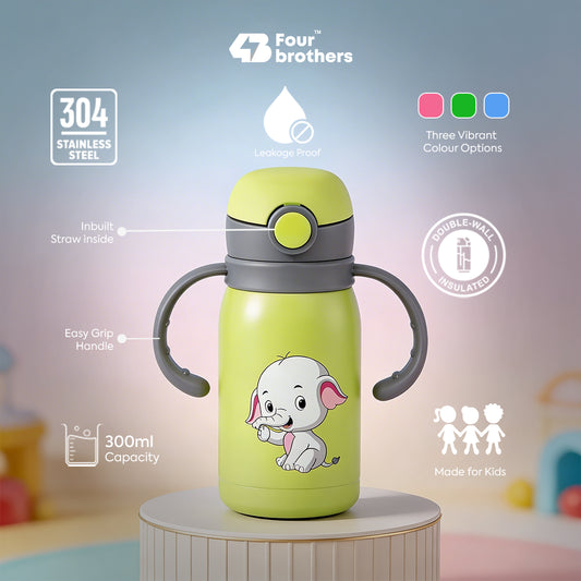 Four Brothers Kids Insulated Sipper Bottle - 300ml  – 18Hr Hot & 24Hr Cold, Leakproof with  Straw