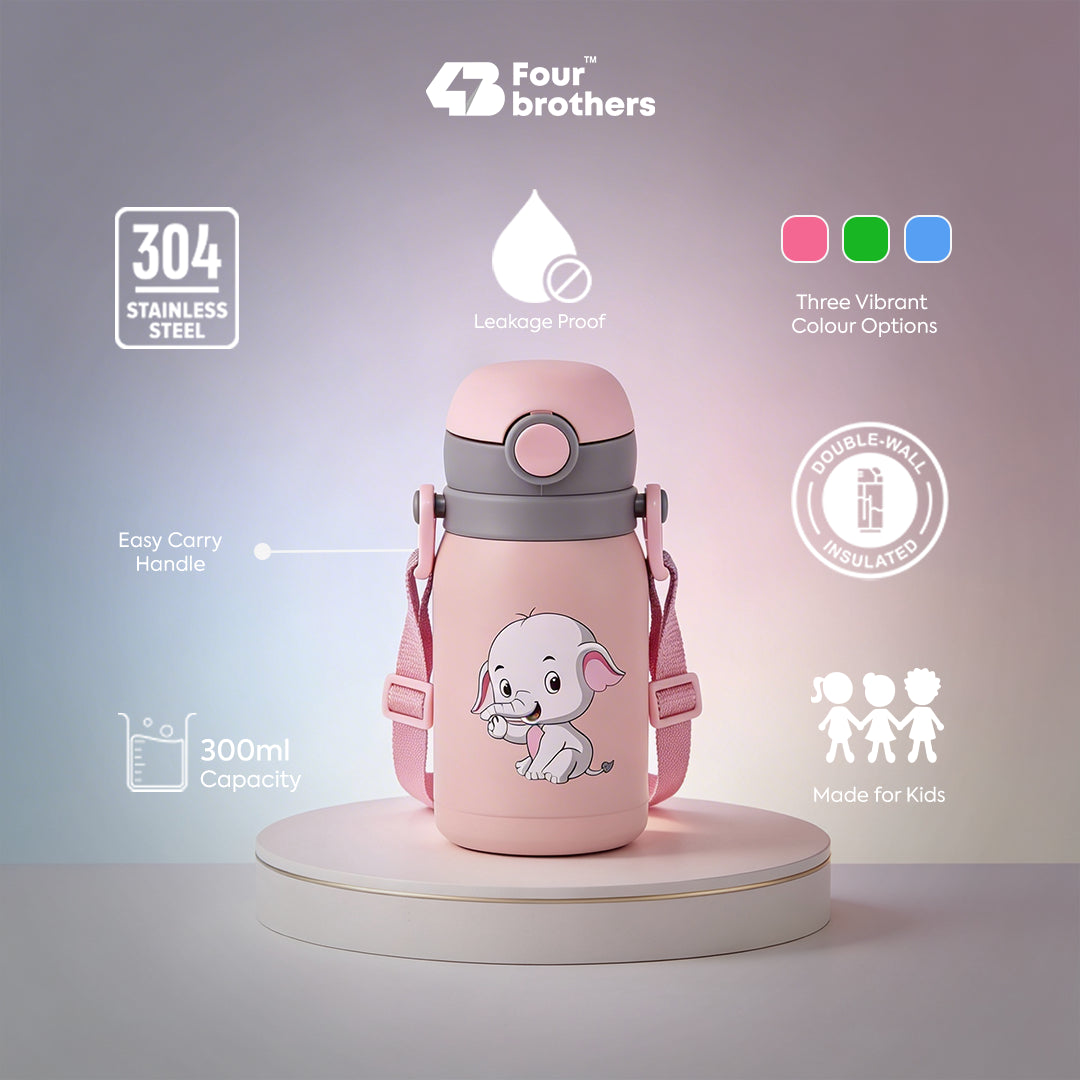 Four Brothers Kids Insulated Sipper Bottle- 300ml - 18Hr Hot & 24Hr Cold, Leakproof with Straw