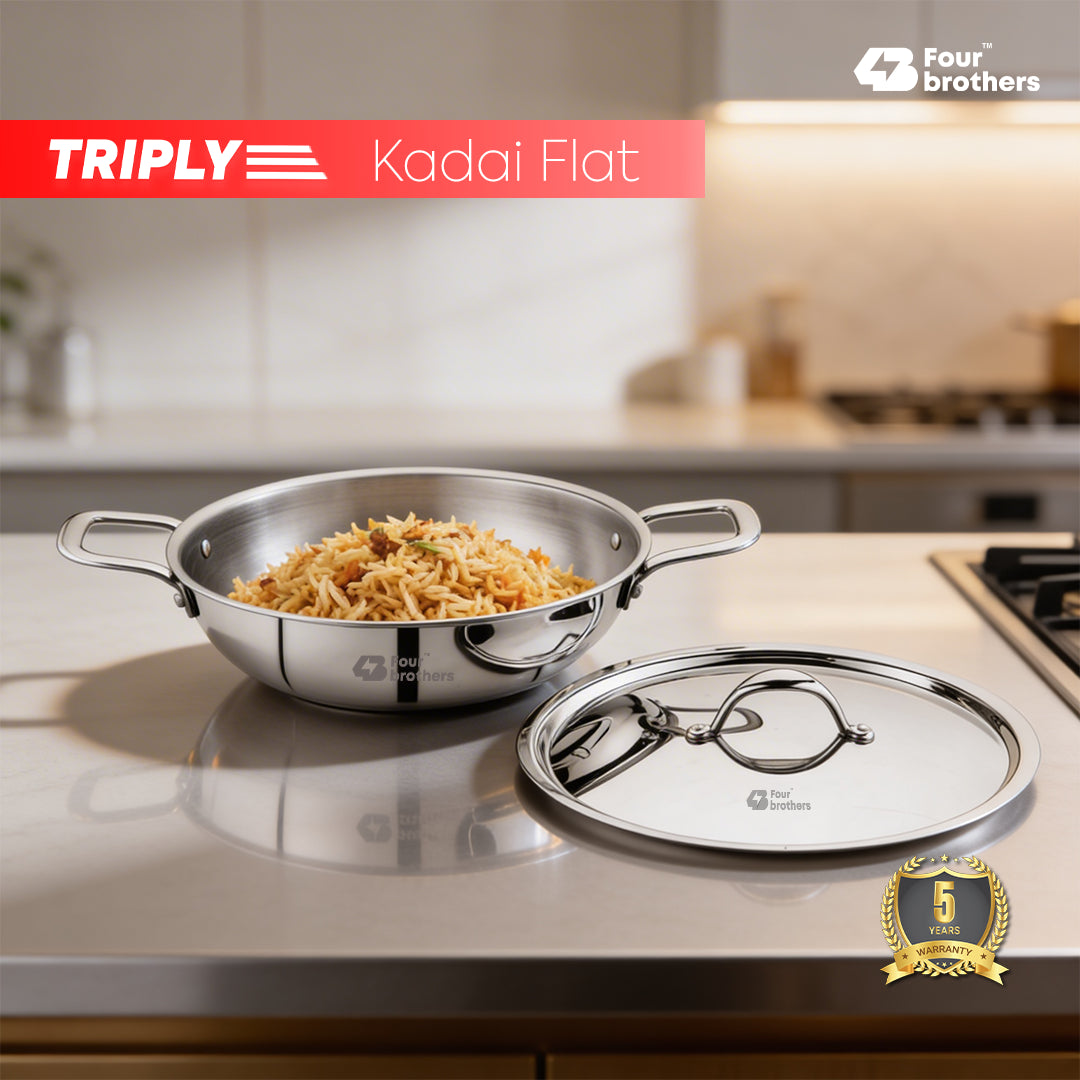 Triply Flat Bottom Kadai with Lid – Induction & Gas Compatible