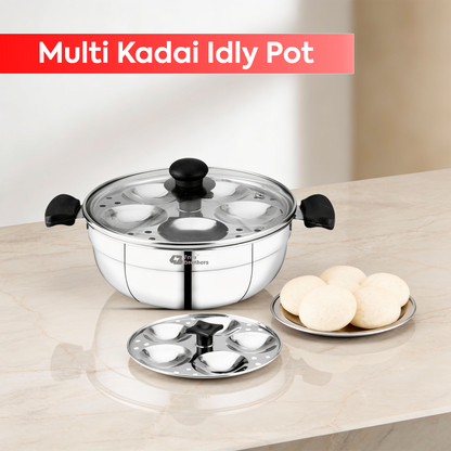 Smart Multi Kadai | Idly Pot with Glass Lid - Stainless Steel