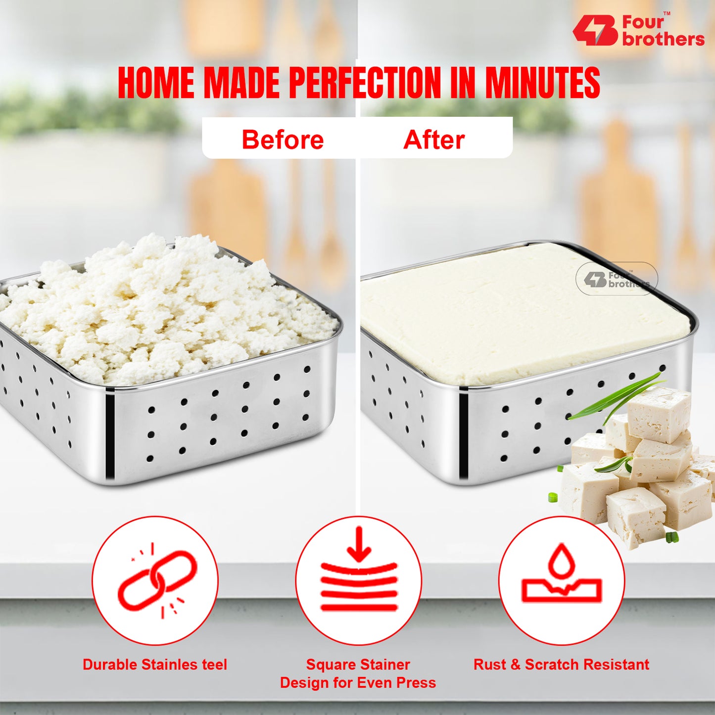 Stainless Steel Paneer Mould – 500ml Capacity (Square Shape)