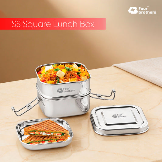 Square Lunch Box – Double Decker (100% Stainless Steel)