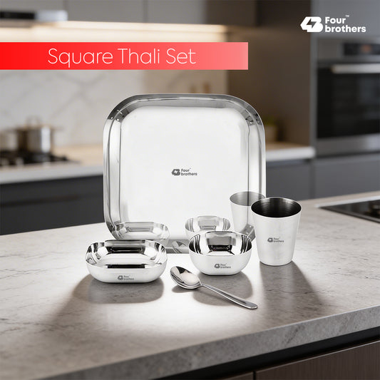 Square Thali Set 5 Pieces – 100% Stainless Steel, Rust‑Proof