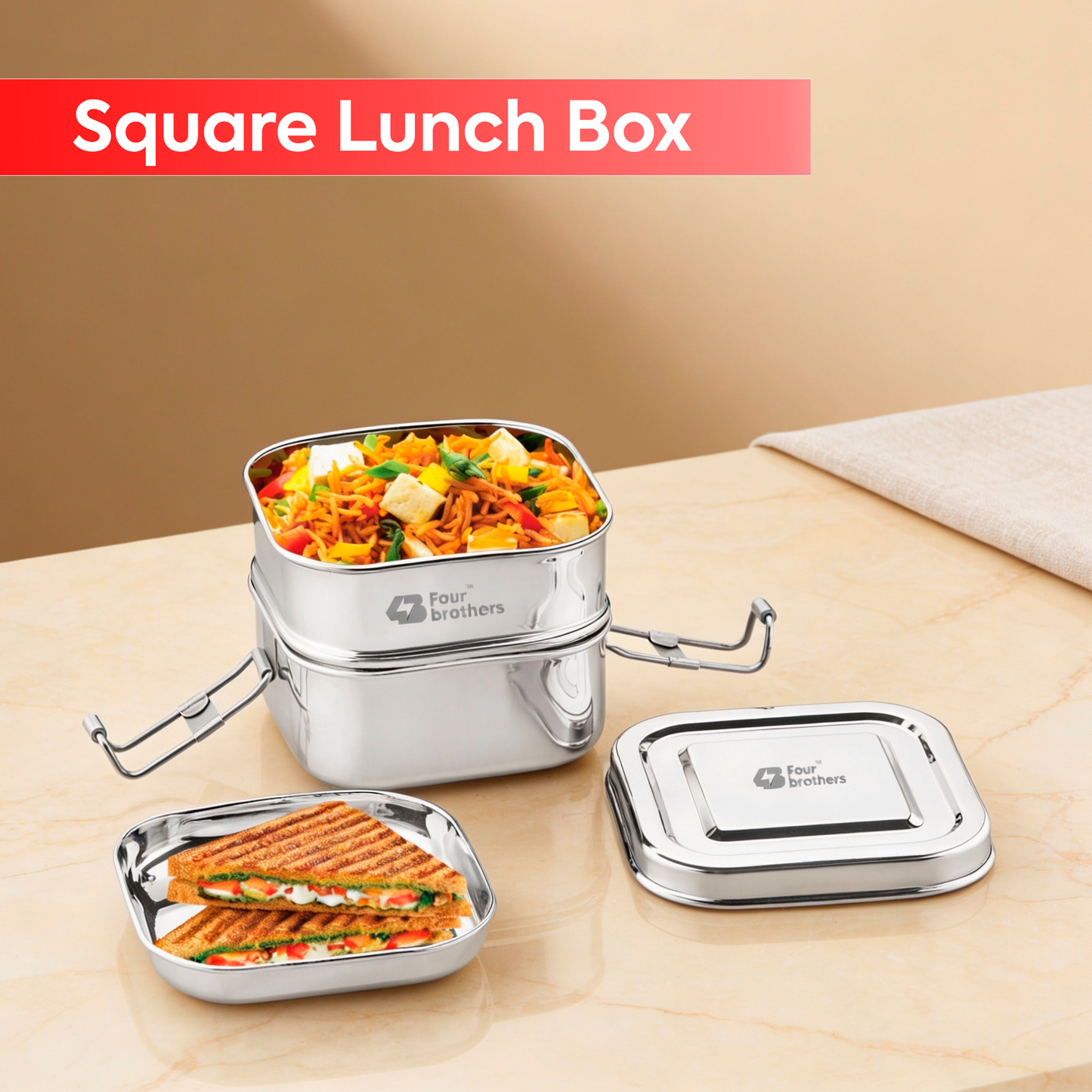Square Lunch Box – Double Decker (100% Stainless Steel)