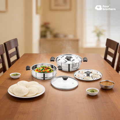 Trio Multi Kadai, Idly Pot and Steamer 3 in 1 - Stainless Steel with Glass Lid