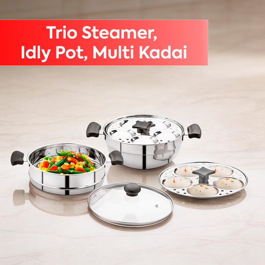 Trio Multi Kadai, Idly Pot and Steamer 3 in 1 - Stainless Steel with Glass Lid