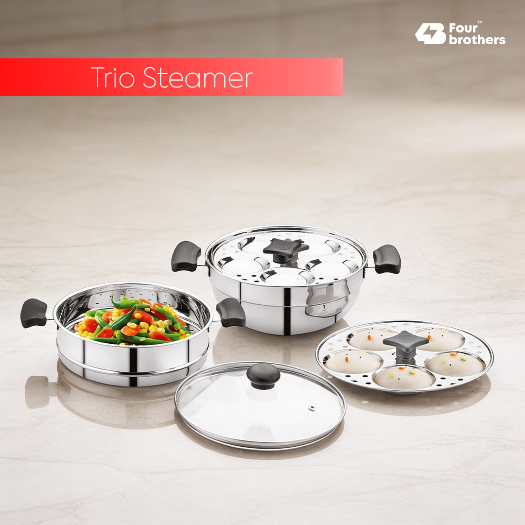 Trio Multi Kadai, Idly Pot and Steamer 3 in 1 - Stainless Steel with Glass Lid